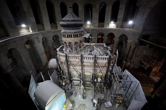 Steel girders supporting the Edicule will be removed when restoration work is completed next Spring. PHOTOGRAPH BY ODED BALILTY, AP FOR NATIONAL GEOGRAPHIC