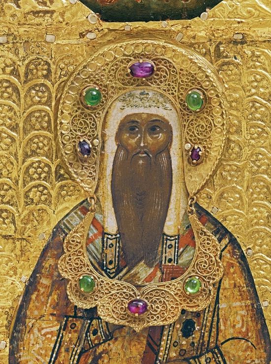 A highly important jewelled gold-mounted presentation icon of the patron saints of Moscow: Alexis, Peter and Jonah (detail). The icon, Moscow, third quarter 17th century; the oklad, assembled circa 1912. 12½ x 10¾ in (31.8 x 27.5 cm). Estimate: £80,000-120,000. This lot is offered in Russian Art on 28 November 2016 at Christie’s in London, King Street