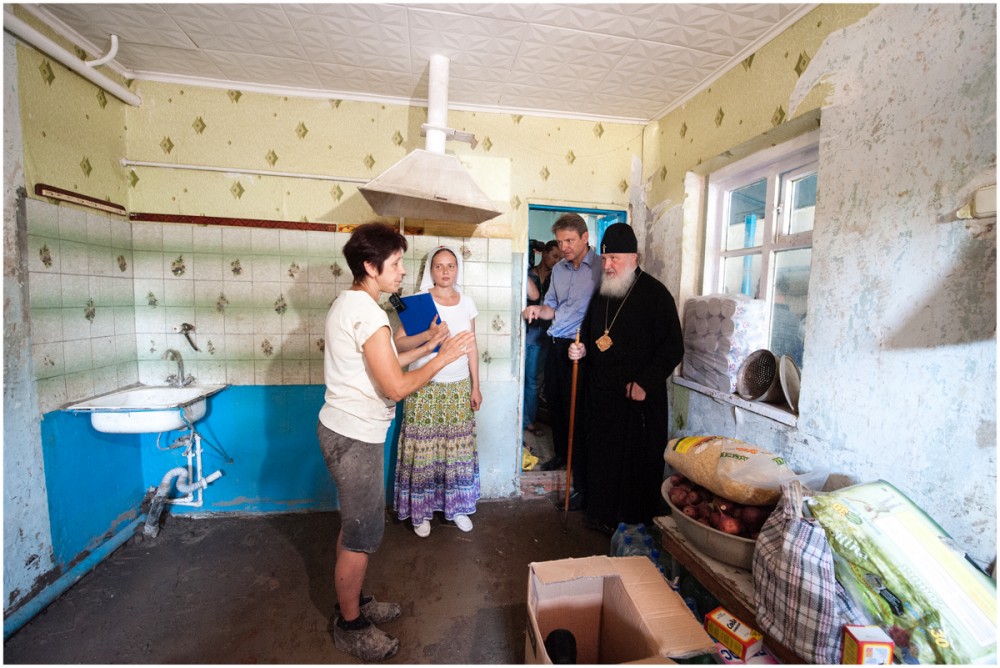 His Holiness Patriarch Kirill's 70th birthday.  Meeting with flood victims in Krymsk. July 23, 2012. 