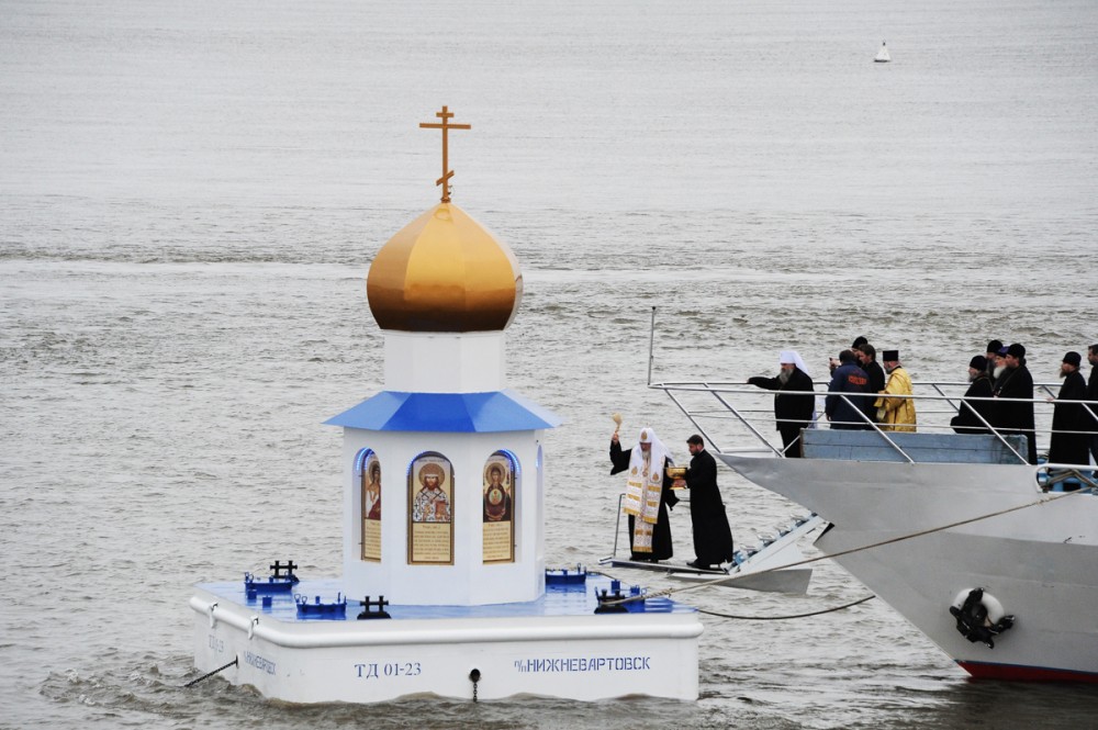 His Holiness Patriarch Kirill's 70th birthday.  Consecration of the floating chapel-lighthouse at the confluence of the Irtysh and Ob rivers, Khanty-Mansiysk autonomous region. September 19, 2013. 