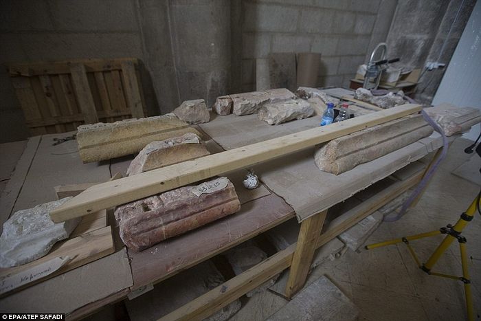 A view of the restoration work of stones from the Jesus tomb at the lab in the Franciscan Church at the Church of the Holy Sepulchre in the Old City of Jerusalem. The Edicule - a word derived from the Latin term aedicule meaning 'little house' - was last reconstructed after a fire in the early 1800s
