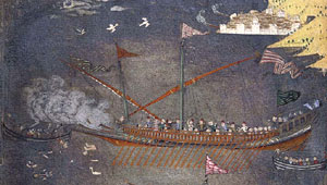 Битва оттоманского флота с казаками. Фрагмент миниатюры. Британская Библиотека.