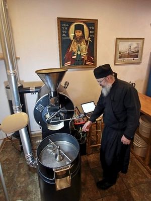 Stephen Lindell, a monk at St. Tikhon's Monastery, operates a coffee roaster inside the bookstore at 175 St. Tikhons Road in Waymart. The monastery recently opened Burning Bush Coffee Roasting, where they prepare and package coffee beans from around the world. Michael J. Mullen / Staff Photographer