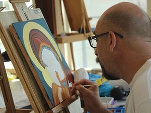 David Heatwole of Martinsburg, W.Va., works on an icon during a class at St. Sophia Greek Orthodox Cathedral in Washington, D.C., in June 2016. RNS photo by Adelle M. Banks