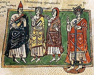 Король Ариамир с епископами Лукрецием, Андреем и Мартином Думийским. Миниатюра X в.