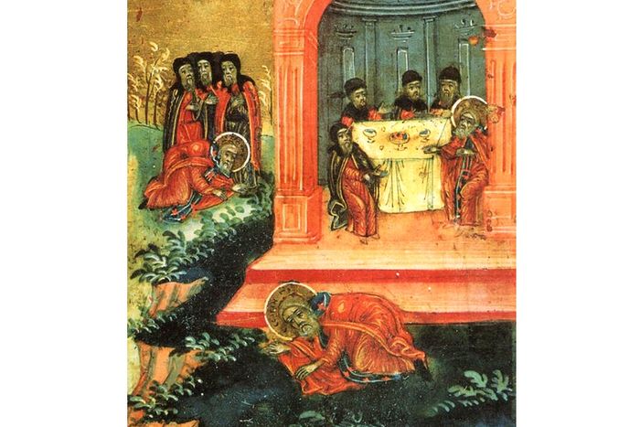 Святитель Стефан и Преподобный Сергий приветствуют друг друга, клеймо иконы