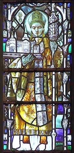 A stained glass image of St. Chad of Lichfield