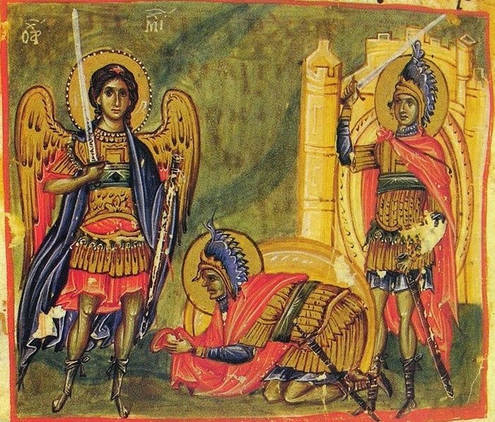  Иисус Навин встречает архистратига Михаила. Византия, XIII в., Октатевх или Восьмикнижие