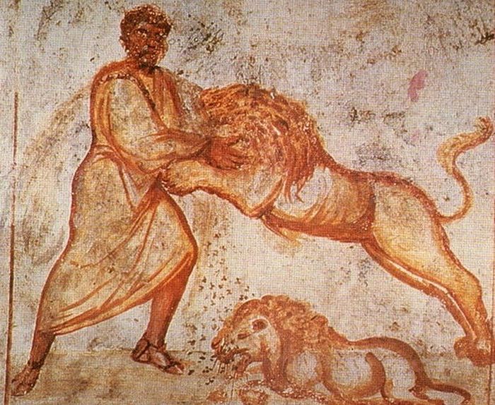 Самсон убивает льва. Фреска из римских катакомб