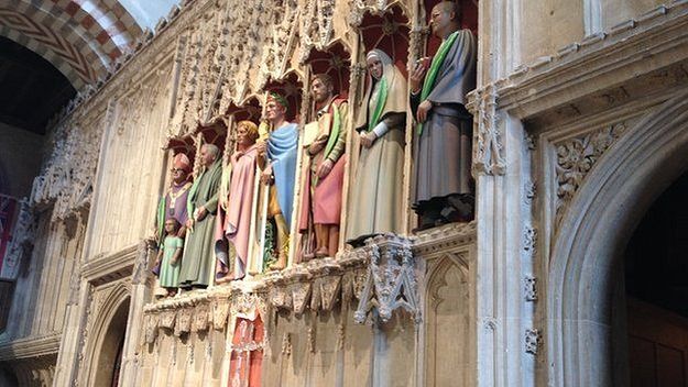 The seven new statues at St. Albans Cathedral - St. Alban is fourth from the left, St. Elisabeth is sixth from the left (source - BBC.com)