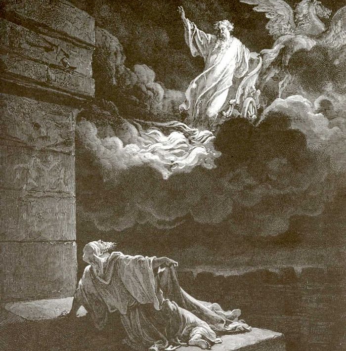 Поль Гюстав Доре. Иллюстрация к Библии: пророк Илия на огненной колеснице