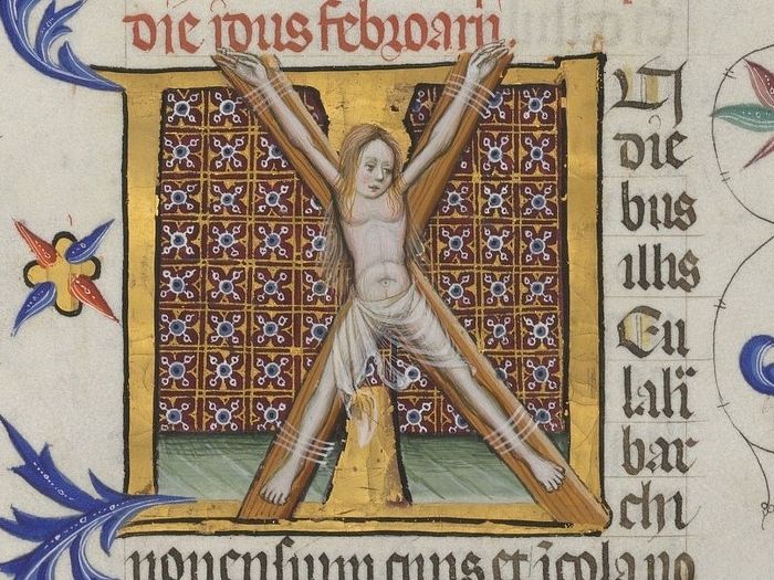 The crucifixion of the holy Martyr Eulalia (miniature from a medieval manuscript)