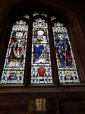 A stained glass window depicting from left to right St. Rumon, Theotokos and St. Eustacius inside Tavistock church, Devon (photo provided by the parish administrator of Tavistock church)