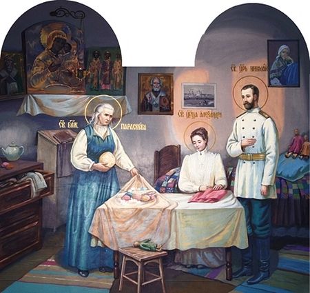 Tsar Nicholas II visits Blessed Pasha of Sarov. Wall painting in the Kazan Church at Diveyevo Monastery. Photo: nne.ru