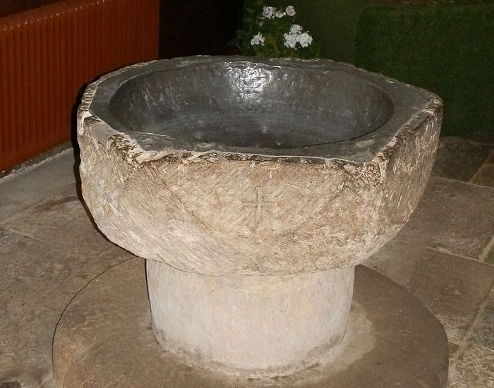 The font in which St. Rumwold is believed to have been baptized, the Church of Sts. Peter and Paul in Kings Sutton, Northants (used by the kind permission of the Kings Sutton vicar)