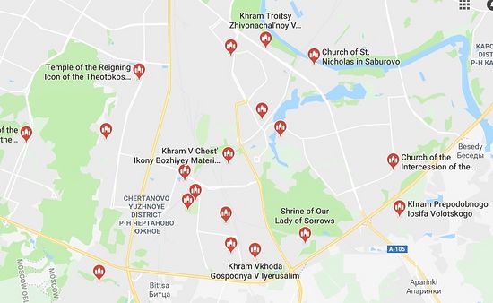 Google Maps screenshot showing Orthodox churches in southwestern Moscow