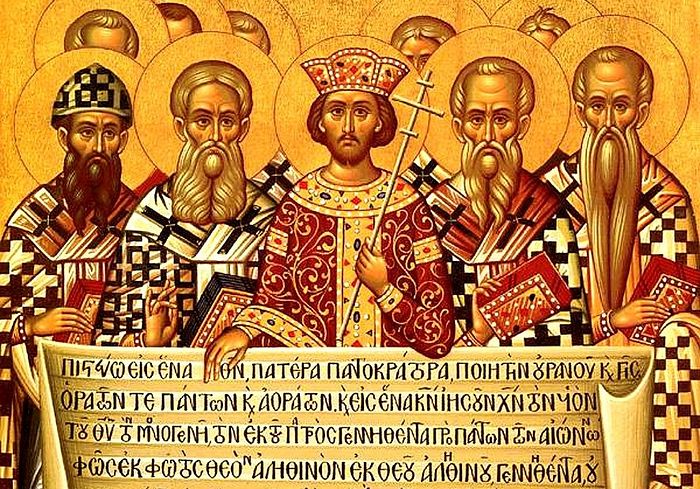 An Icon depicting the Emperor Constantine, accompanied by the bishops of the First Council of Nicaea (325), holding the Niceno–Constantinopolitan Creed of 381.