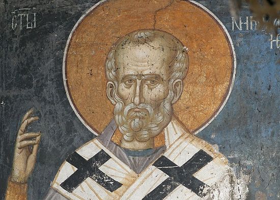 St. Nicholas the Wonderworker. A fourteenth-century fresco in the nave of the Holy Ascension Church at Visoki Decani Monastery, Kosovo, Serbia