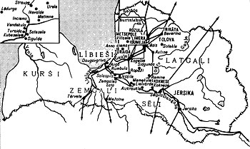 Карта поселений на территории Латвии в XII-XIII вв.