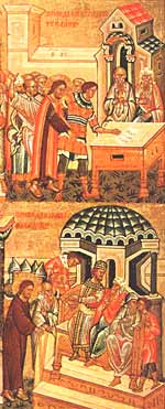 Христос перед Каиафой и Анной. Приведение к Пилату. Конец XV века. Двухсторонняя икона из Софийского собора в Новгороде