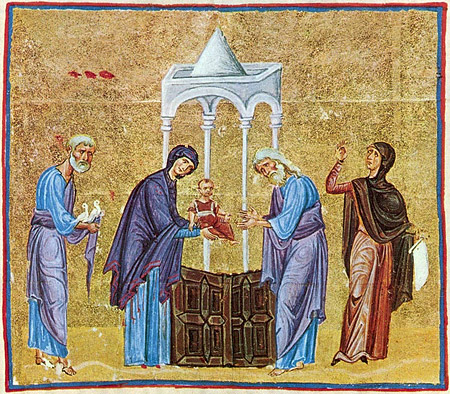 Сретение Господне. Византийская книжная миниатюра. Монастырь Дионисиат, Святая гора Афон