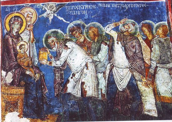 Поклонение волхвов. Фреска XII в. пещерной церкви, Каппадокия.