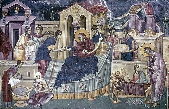 Сербия. Монастырь Студеница. Фреска Рождества Богородицы в церкви Иоакима и Анны. (1304)