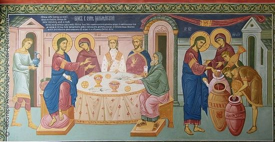Брак в Кане Галилейской. Претворение воды в вино. Фреска Толгского монастыря