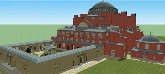 3D-реконструкция храма Святой Софии. Перед храмом виден атриум с источником воды