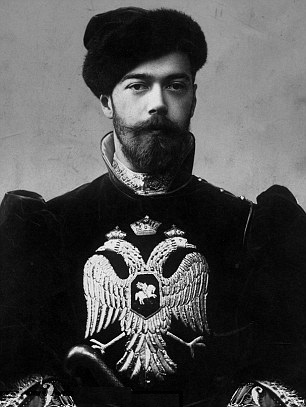 Tsar Nicholas II, bearing the Imperial coat of arms of the double-headed eagle, representing the "Byzantine Symphony" of Church and State
