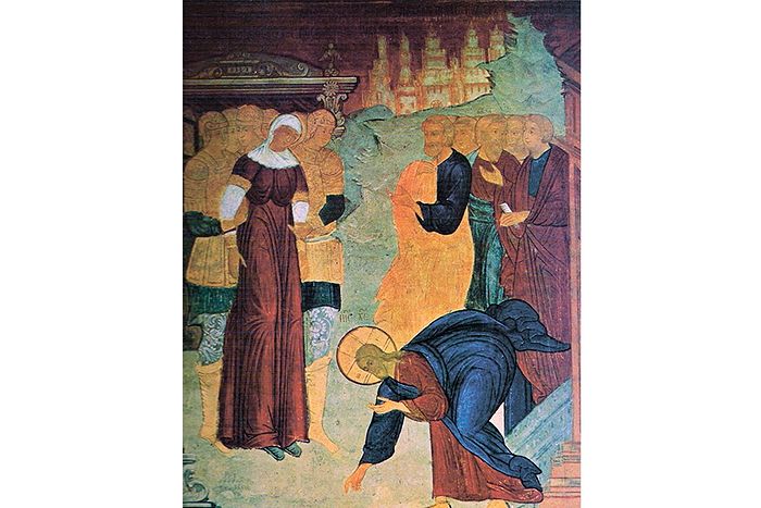 Христос и грешница, фрагмент фрески Софийского собора в Вологде