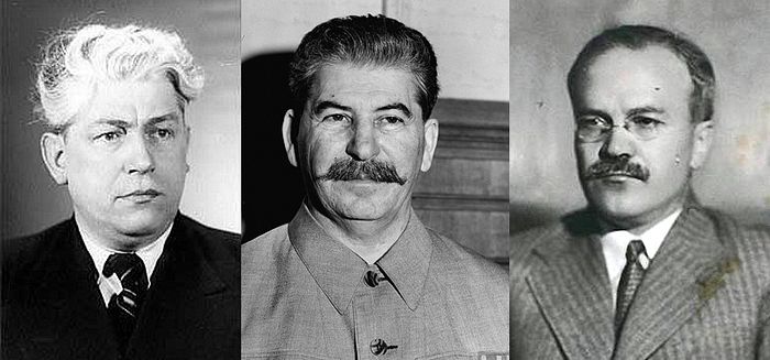 Участники встречи со стороны руководства СССР: Г.Г. Карпов, И.В. Сталин, В.М. Молотов